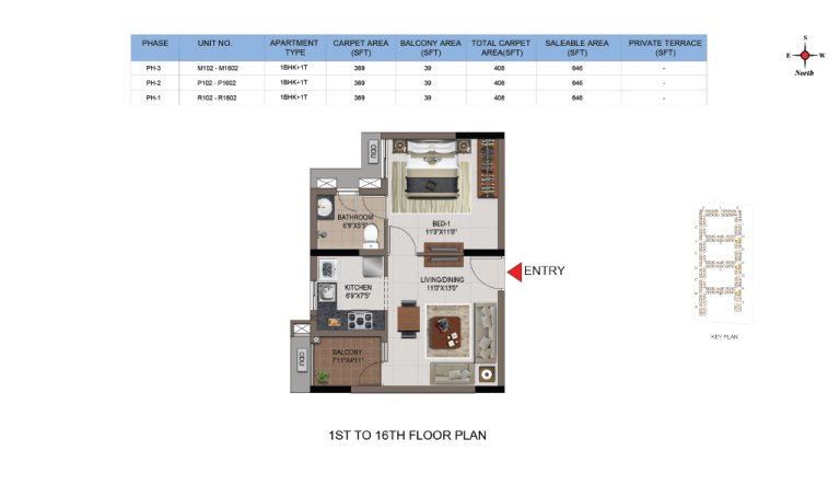 1 BHK 1T Phase 1 2 And 3 1st Floor And 2nd 16th Floor Plan