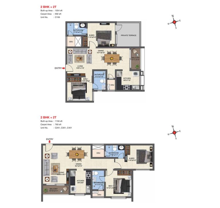 2 BHK 2T Floor Plan Type 10