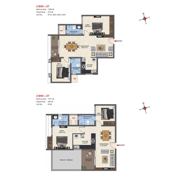 2 BHK 2T Floor Plan Type 13