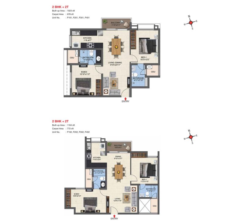 2 BHK 2T Floor Plan Type 16