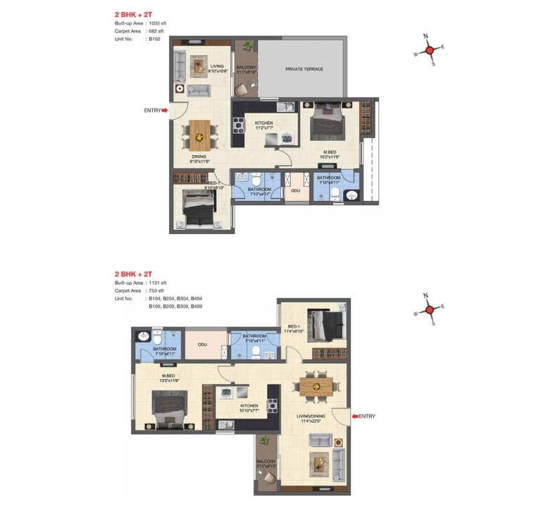 2 BHK 2T Floor Plan Type 19