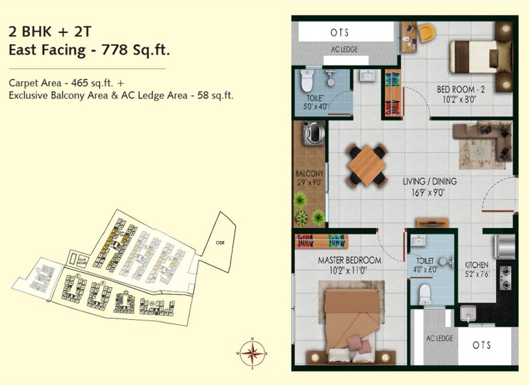 2BHK 778sq.ft.eastfacing