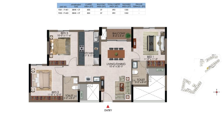 3 BHK 2T F 201 F 1401 F 202 F 1402