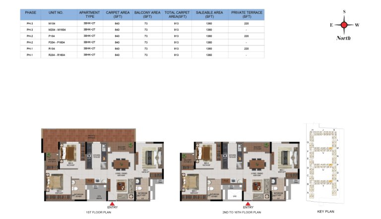 3 BHK 2T Phase 1 2 And 3 1st 16th Floor Type 1