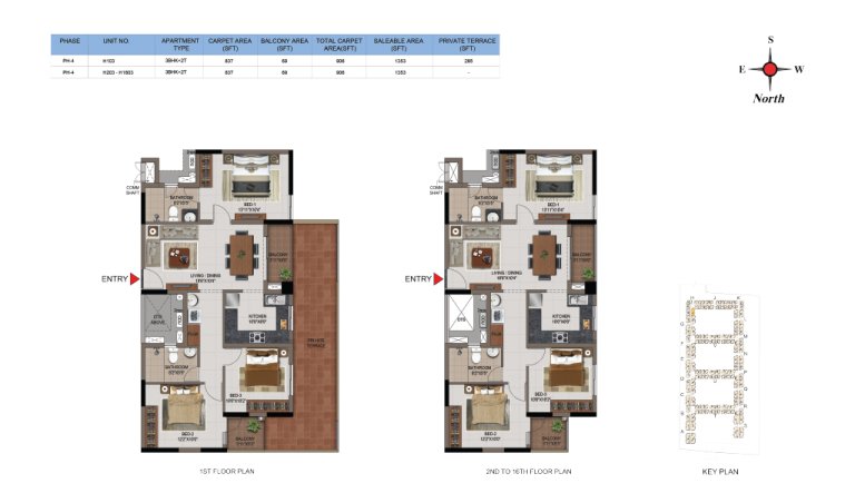 3 BHK 2T Phase 1 2 And 3 1st 16th Floor Type 2