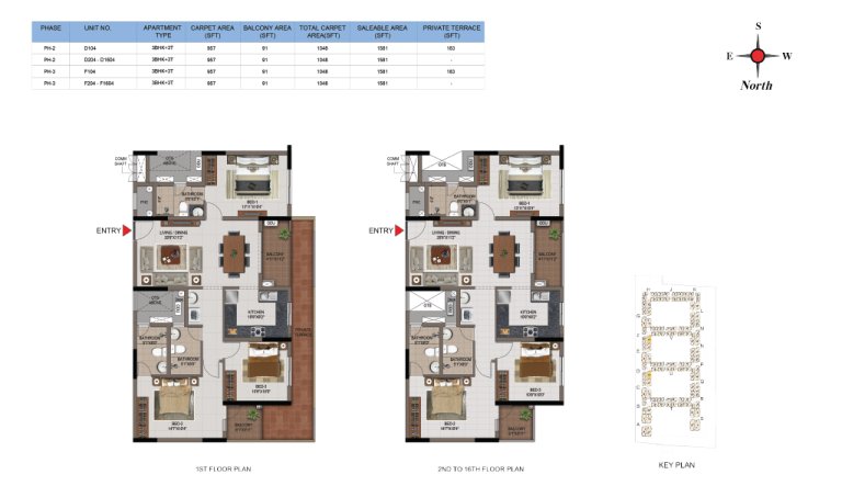 3 BHK 2T Phase 2 And 3 1st 16th Floor Type 1