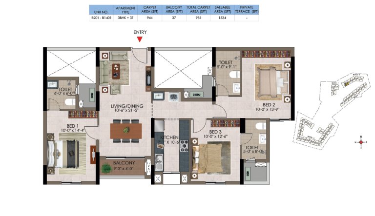 3 BHK 3T B 201 B1401