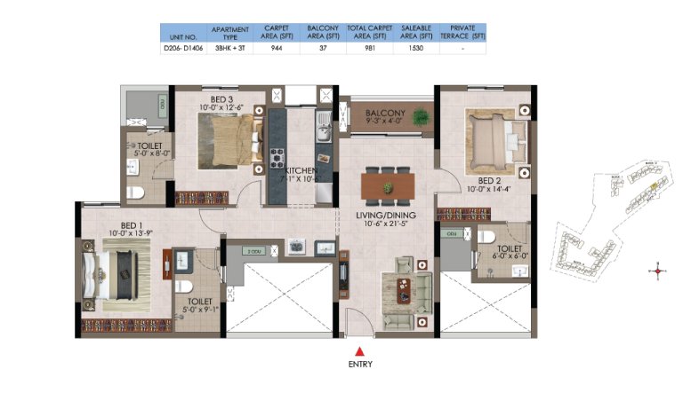 3 BHK 3T D 206 D 1406