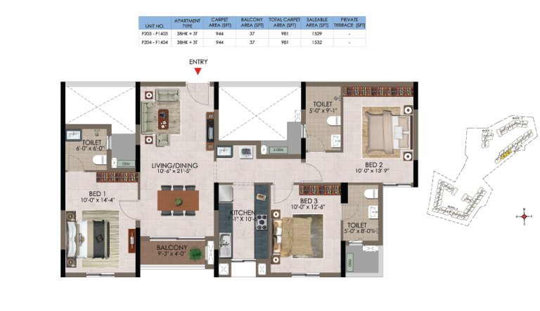 3 BHK 3T F 203 F 1403 F 204 F 1404