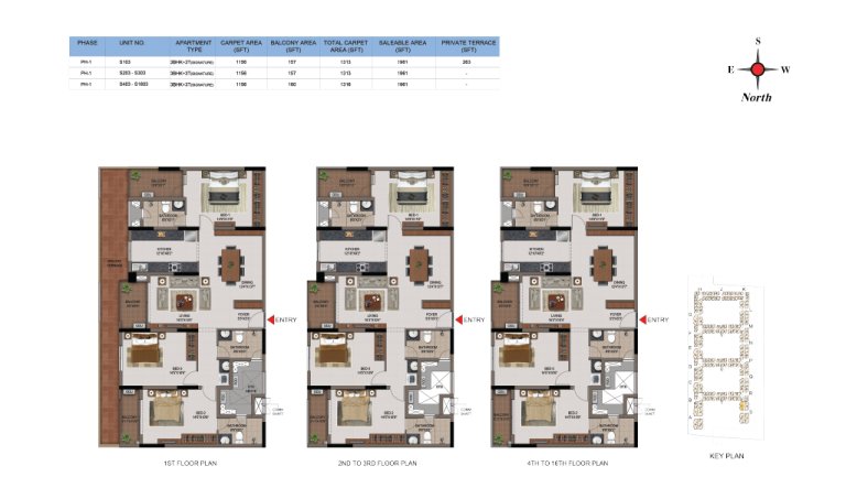 3 BHK 3T Phase 1 1st 16th Floor Type 1