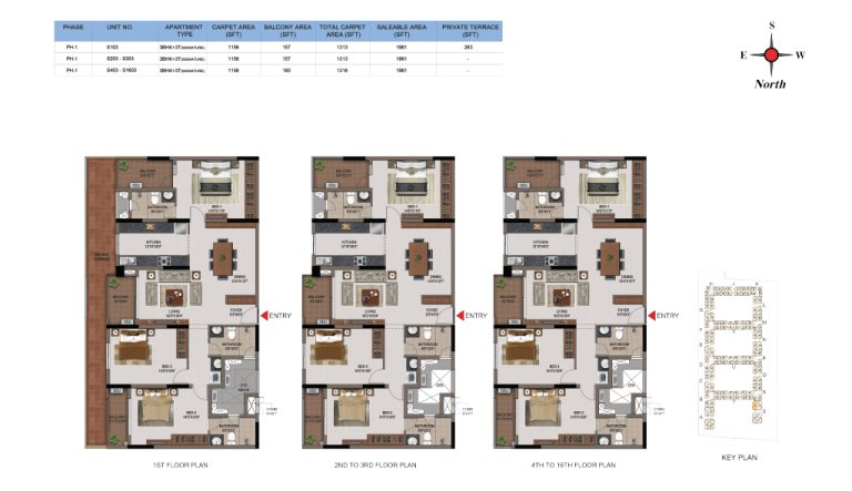 3 BHK 3T Phase 1 1st 16th Floor Type 3