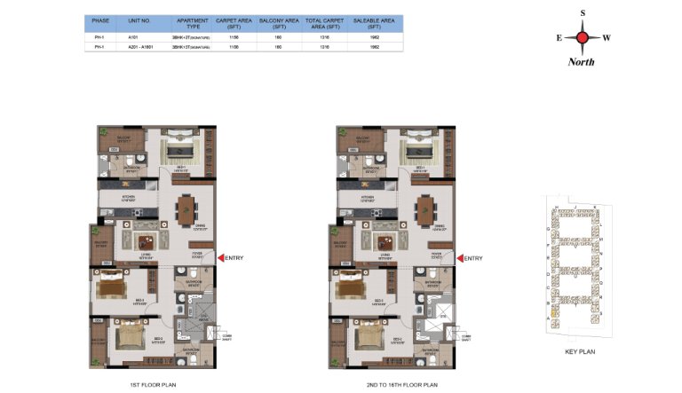 3 BHK 3T Phase 1 1st 16th Floor Type 4