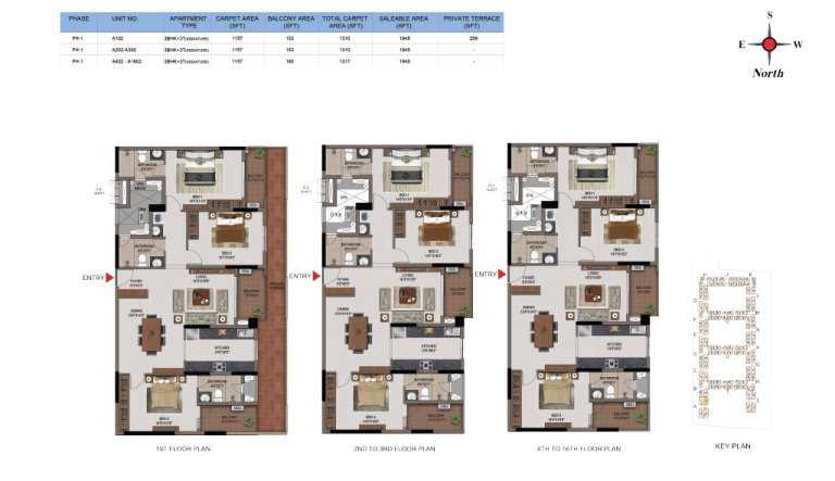 3 BHK 3T Phase 1 1st 16th Floor Type 6