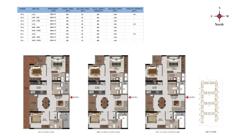 3 BHK 3T Phase 1 3 And 4 1st 16th Floor Type 1