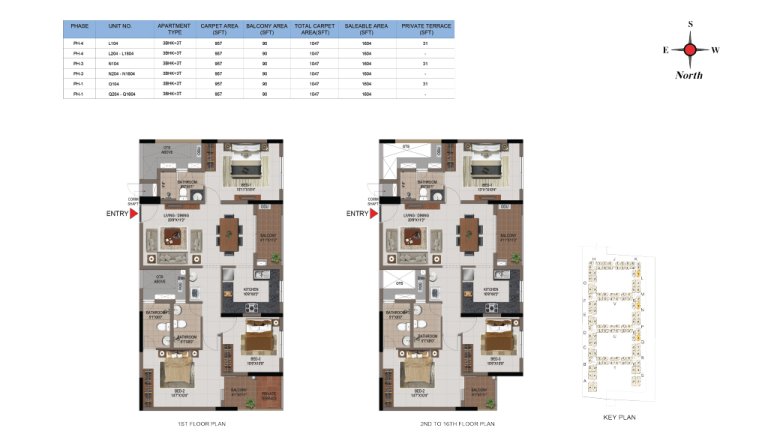 3 BHK 3T Phase 1 3 And 4 1st 16th Floor Type 4