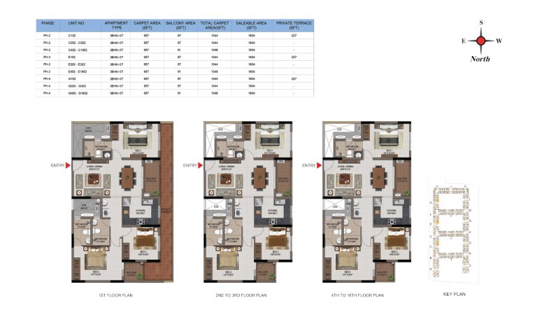 3 BHK 3T Phase 2 3 And 4 1st 16th Floor Type 1