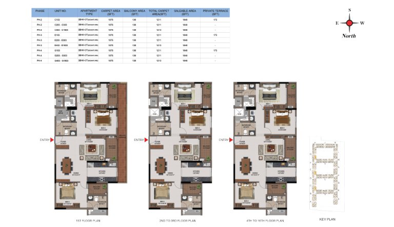 3 BHK 3T Phase 2 3 And 4 1st 16th Floor Type 2