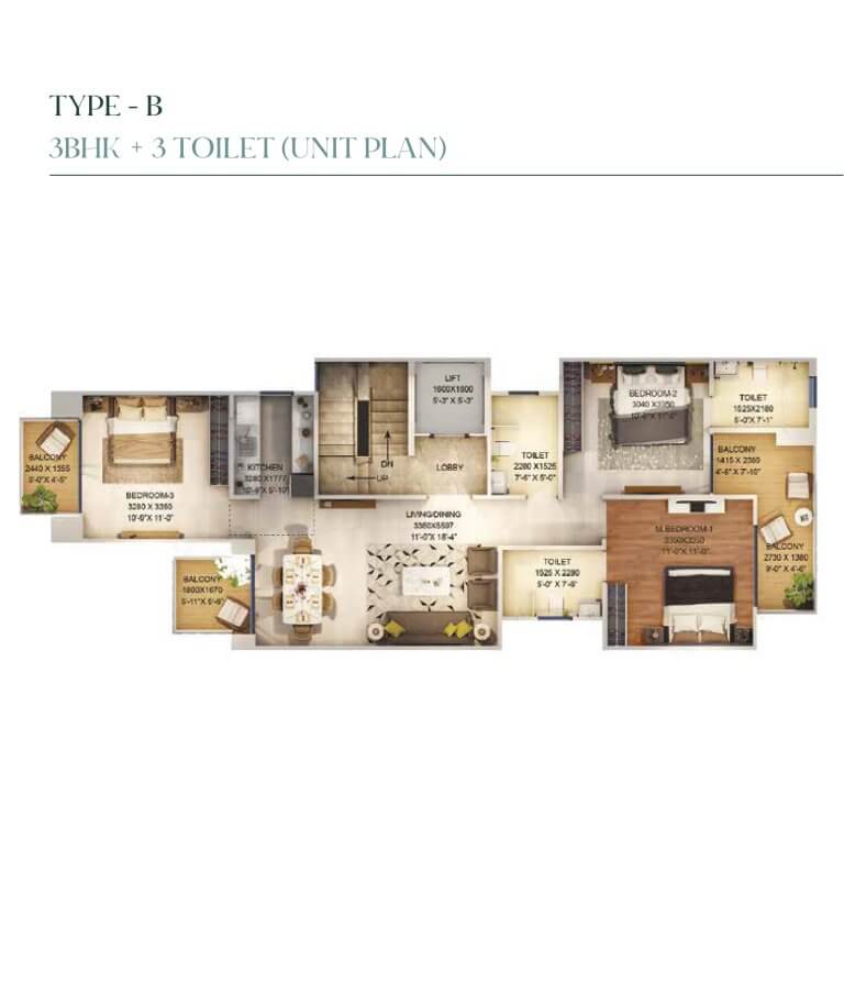 3 Bhk 3 Toilet Unit Plan