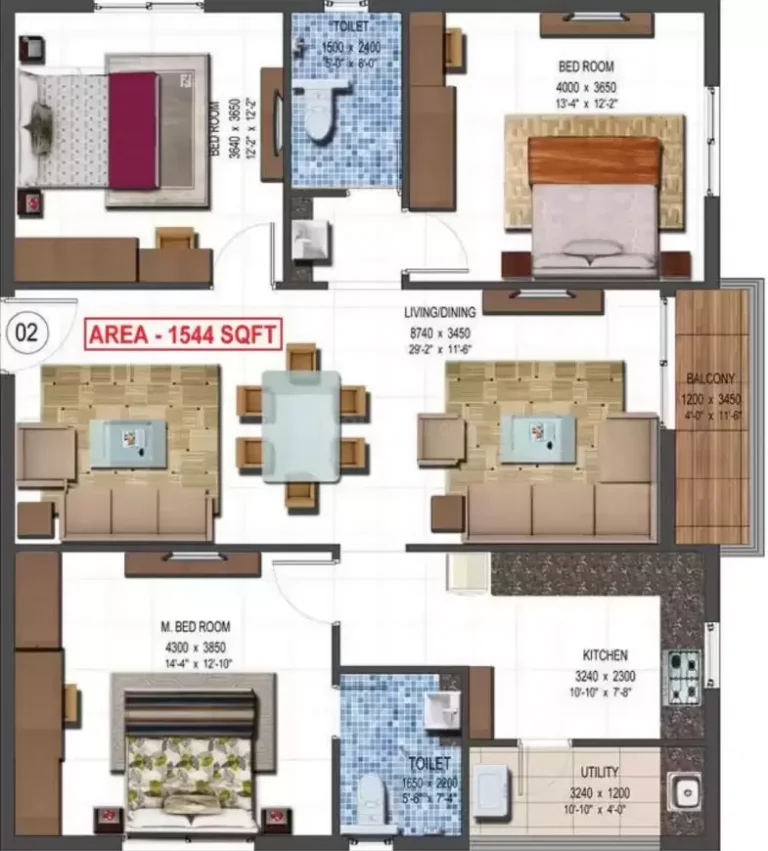 3BHK Area 1544sqft 1