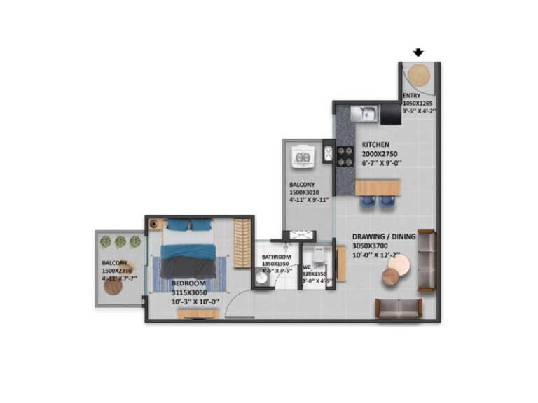 Type 1 1bhk 397 Sqft