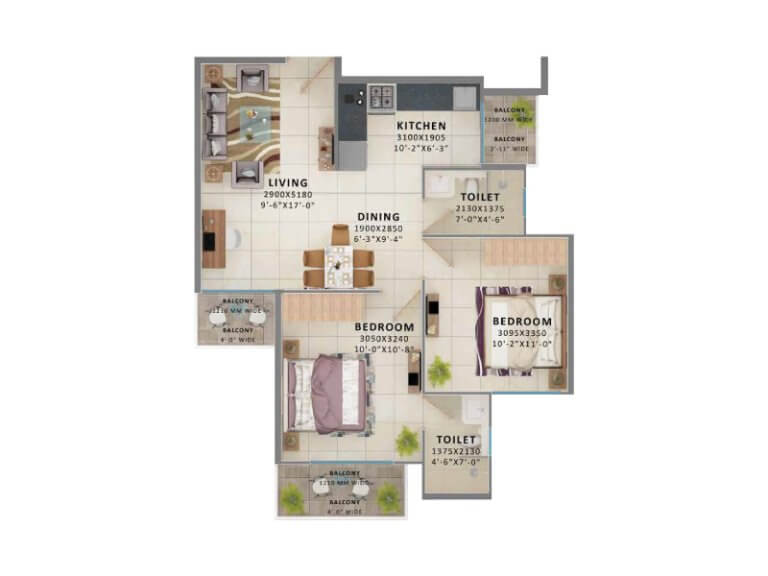 Type 1 2bhk 580 Sqft