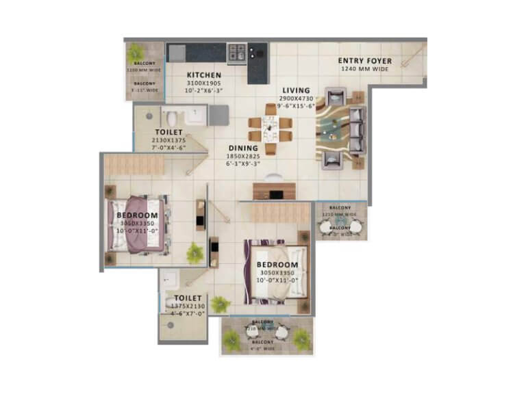 Type 2 2bhk 589 Sqft