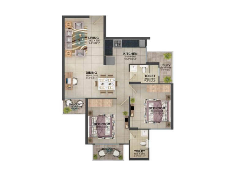 Type 3 2bhk 597 Sqft