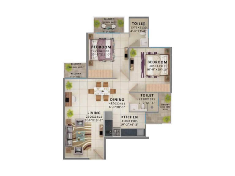 Type 3 2bhk 598 Sqft