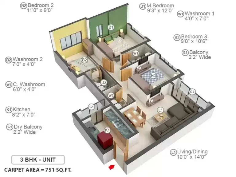 3 BHK Floor Plan